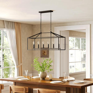 Tribesigns Farmhouse Dining Room Light Fixtures over Table, 6-Light Candle Holder Kitchen Island Pendant Lighting, Industrial Linear Chandelier Pendant Lights with Adjustable Iron Chain Black