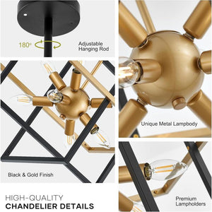 Modern Industrial Black Gold 8-Light Sputnik Chandelier with Adjustable Hanging Geometric Pendant for Entryway, Foyer, Stairway, Hallway, Bedroom, Living Room, and Kitchen Island