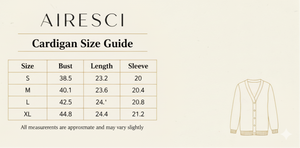  Airesci cardigan size guide with measurements on a beige background