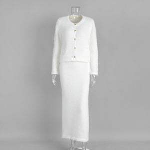 "Halo Poise" Plush Long-Sleeved Skirt Set Autumn Winter Single Breasted Cardigan