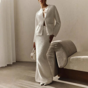 "Halo Poise" Plush Long-Sleeved Skirt Set Autumn Winter Single Breasted Cardigan