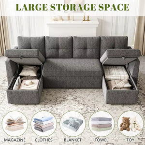 Oversized Sleeper Sofa Couch, 110 Inch 2 in 1 Pullout Couch Bed with Double Storage Chaise, Sectional Sleeper Sofa Bed with Side