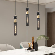 Load image into Gallery viewer, 25&quot; Modern Black and Gold 3-Light Pendant Chandelier Adjustable Hanging Light with Cylindrical Mesh Shades for Kitchen Island, Dining Room, Living Room (No Bulbs Included) Sassy Mini Halloween Finger Statue Flameless Decor