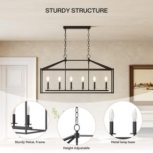 Tribesigns Farmhouse Dining Room Light Fixtures over Table, 6-Light Candle Holder Kitchen Island Pendant Lighting, Industrial Linear Chandelier Pendant Lights with Adjustable Iron Chain Black