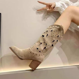 Western Cowboy Boots with Chunky Heel and Embroidery