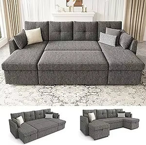 Oversized Sleeper Sofa Couch, 110 Inch 2 in 1 Pullout Couch Bed with Double Storage Chaise, Sectional Sleeper Sofa Bed with Side