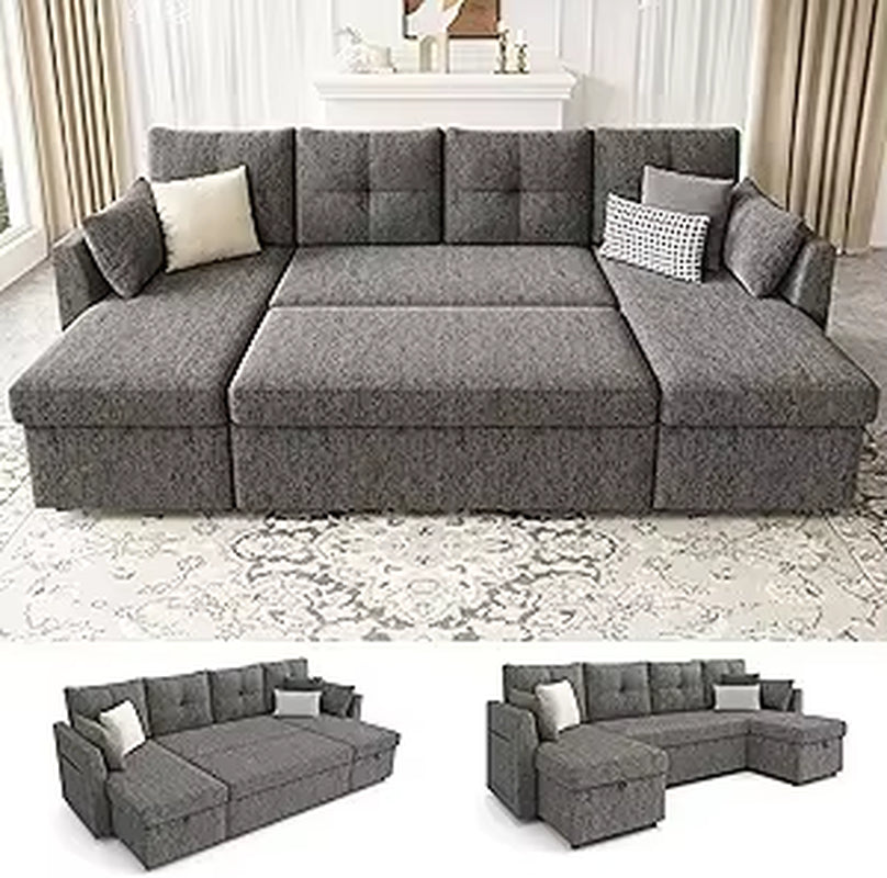 Oversized Sleeper Sofa Couch, 110 Inch 2 in 1 Pullout Couch Bed with Double Storage Chaise, Sectional Sleeper Sofa Bed with Side