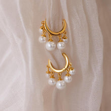 Load image into Gallery viewer, Pearl Chandelier Huggies by Caitlyn Minimalist - Dangling Beaded Pearl Hoop Earrings - Art Deco Jewelry - Bridesmaid Gift for Her