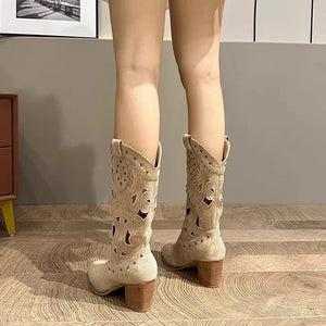 Western Cowboy Boots with Chunky Heel and Embroidery