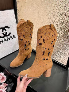 Western Cowboy Boots with Chunky Heel and Embroidery