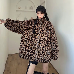 The "Grand Leo" Korean-Style Oversized Leopard Print Reversible Leather Jacket