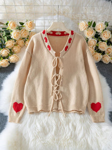 "Cuddle Season" Hearts Front Tie Knit Cardigan