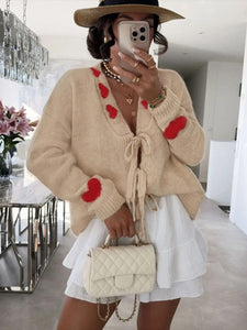 "Cuddle Season" Hearts Front Tie Knit Cardigan