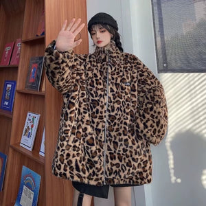 The "Grand Leo" Korean-Style Oversized Leopard Print Reversible Leather Jacket