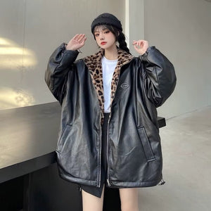 The "Grand Leo" Korean-Style Oversized Leopard Print Reversible Leather Jacket
