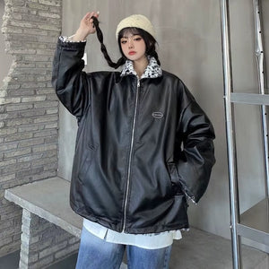 The "Grand Leo" Korean-Style Oversized Leopard Print Reversible Leather Jacket