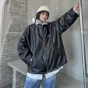 The "Grand Leo" Korean-Style Oversized Leopard Print Reversible Leather Jacket
