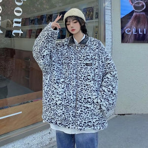 The "Grand Leo" Korean-Style Oversized Leopard Print Reversible Leather Jacket