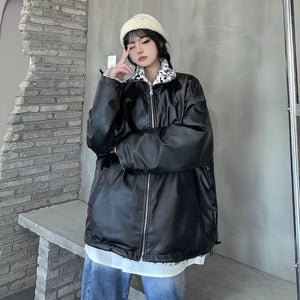 The "Grand Leo" Korean-Style Oversized Leopard Print Reversible Leather Jacket