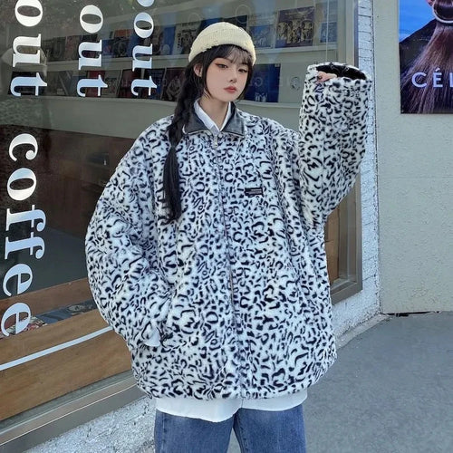 Oversized Leopard Print Leather Jacket 