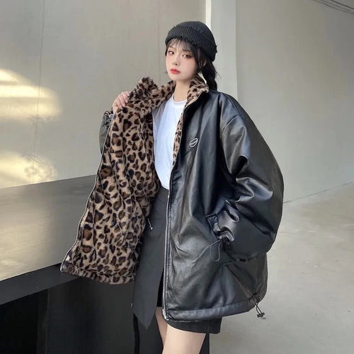 Oversized Leopard Print Leather Jacket 