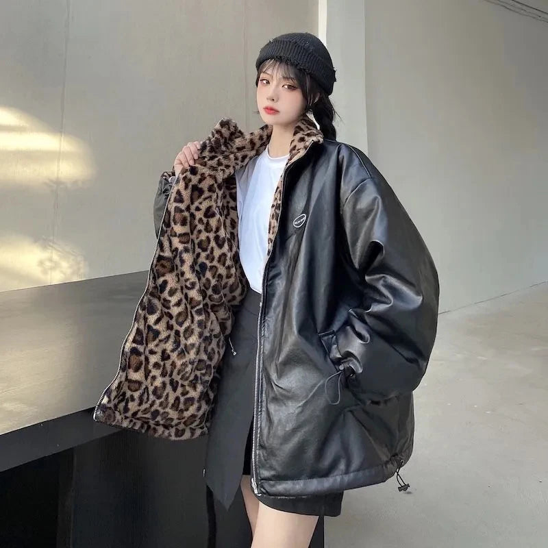 Oversized Leopard Print Leather Jacket 